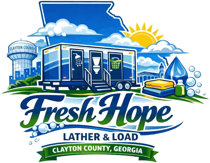The Fresh Hope: Lather & Load emblem: a mobile shower trailer beneath a rising sun, over a ribbon reading Clayton County, Georgia.